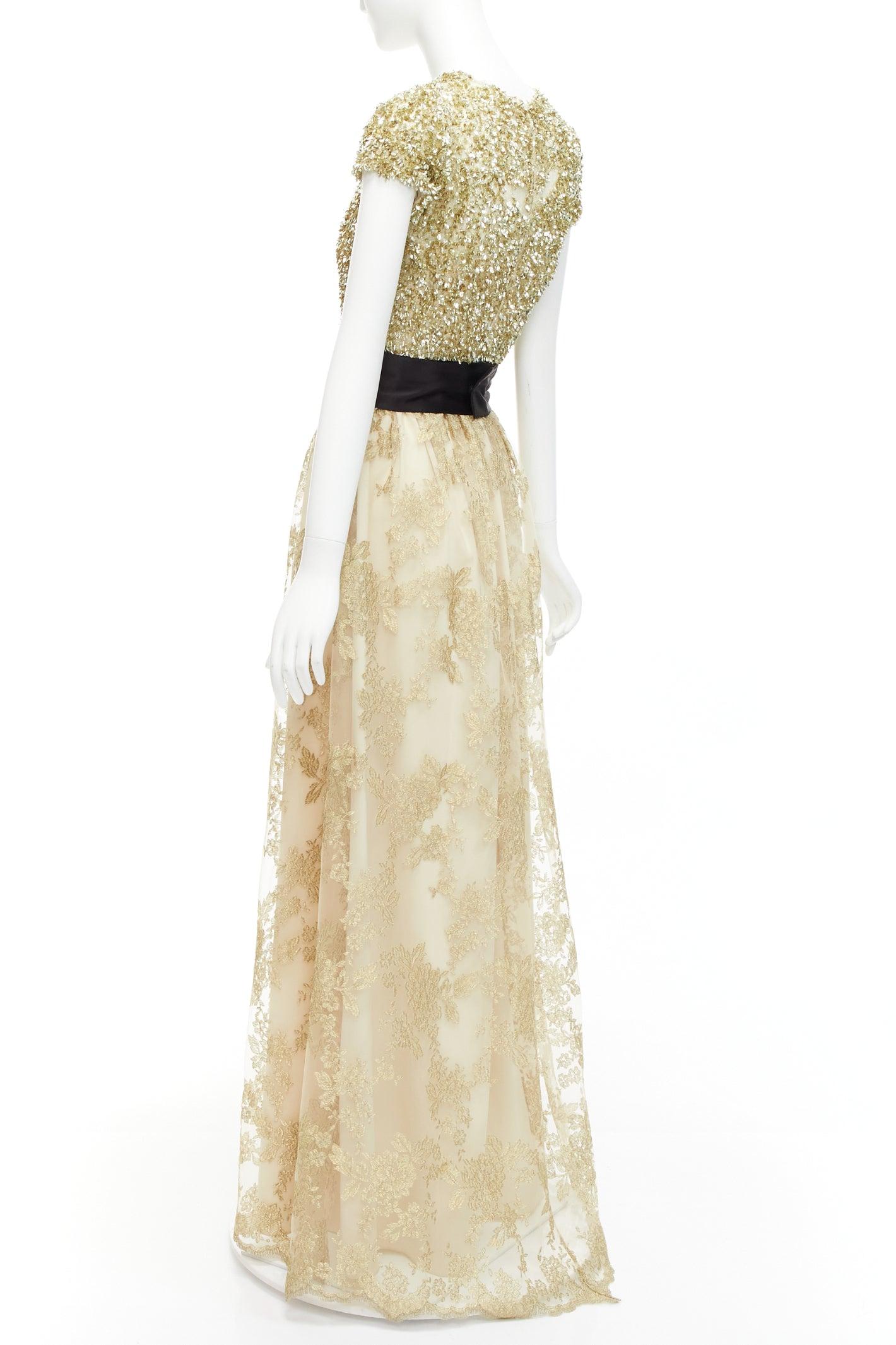 BADGLEY MISCHKA gold sequins top floral lace overlay belted gown dress US6 M For Sale 2