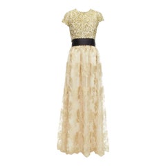 BADGLEY MISCHKA gold sequins top floral lace overlay belted gown dress US6 M