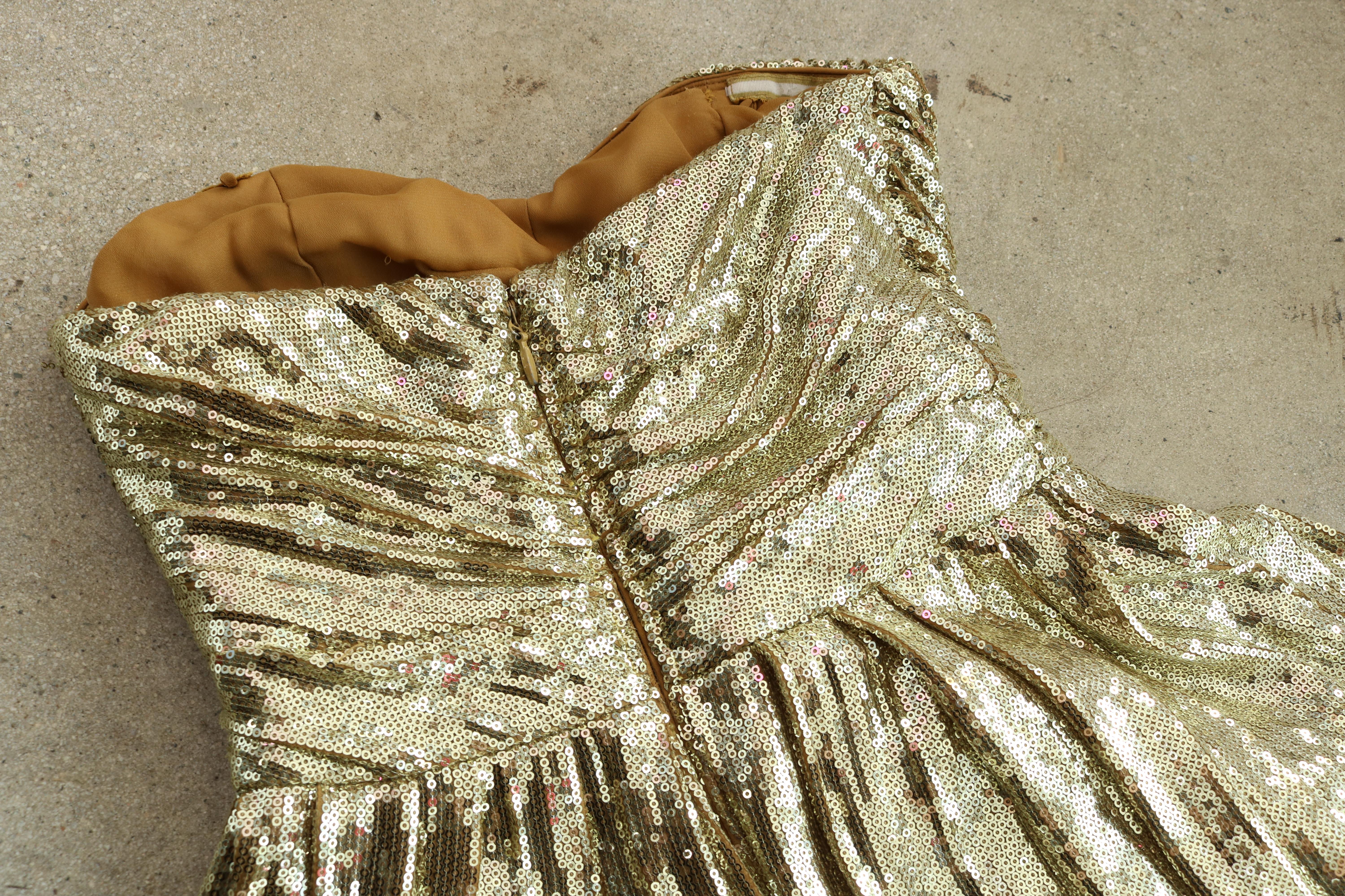 Brown Badgley Mischka Gold Strapless Sequin Gown