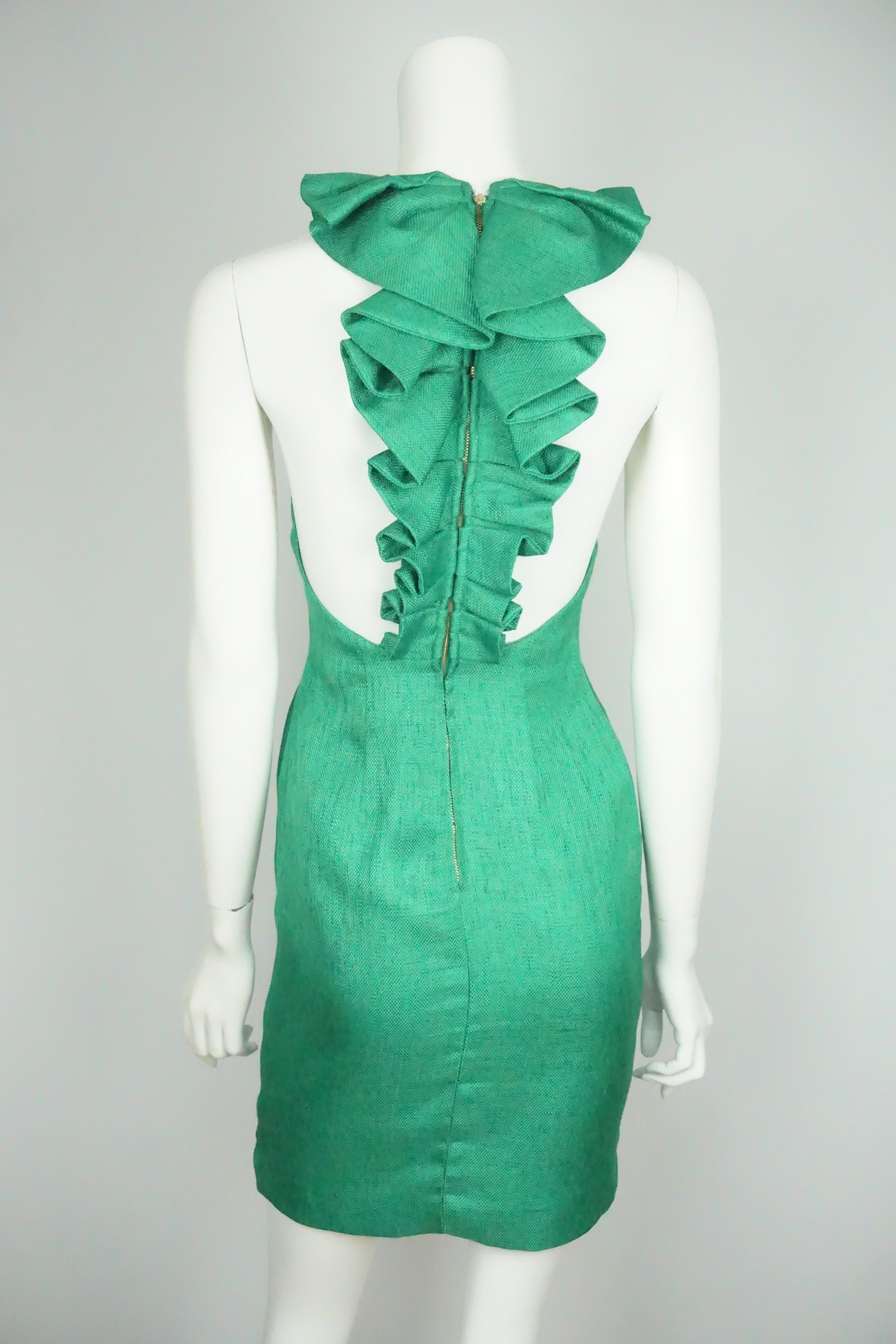 Badgley Mischka Green Linen w/ Ruffle Back Dress - 0 (Grün)