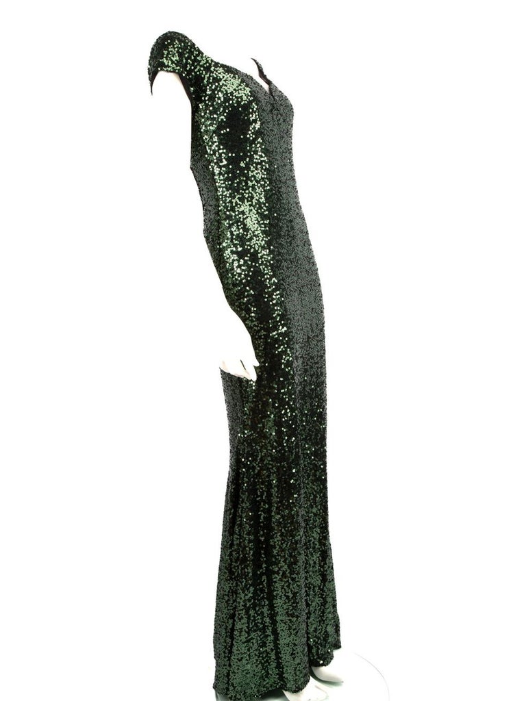 Badgley Mischka Green Off Shoulder Sequin Gown Size M at 1stDibs