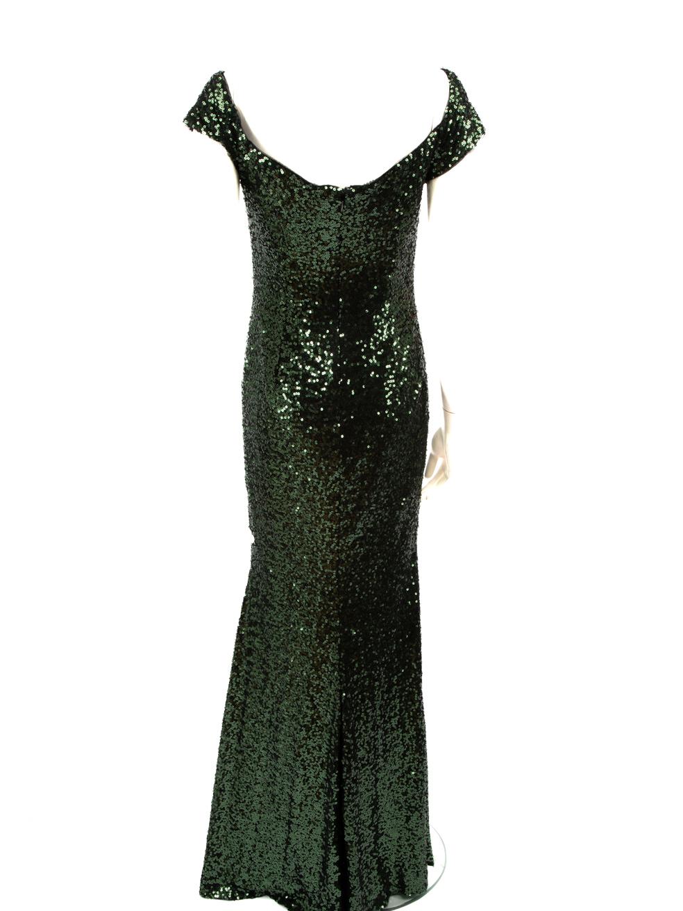 Badgley Mischka Grünes schulterfreies Paillettenkleid Größe M (Schwarz) im Angebot