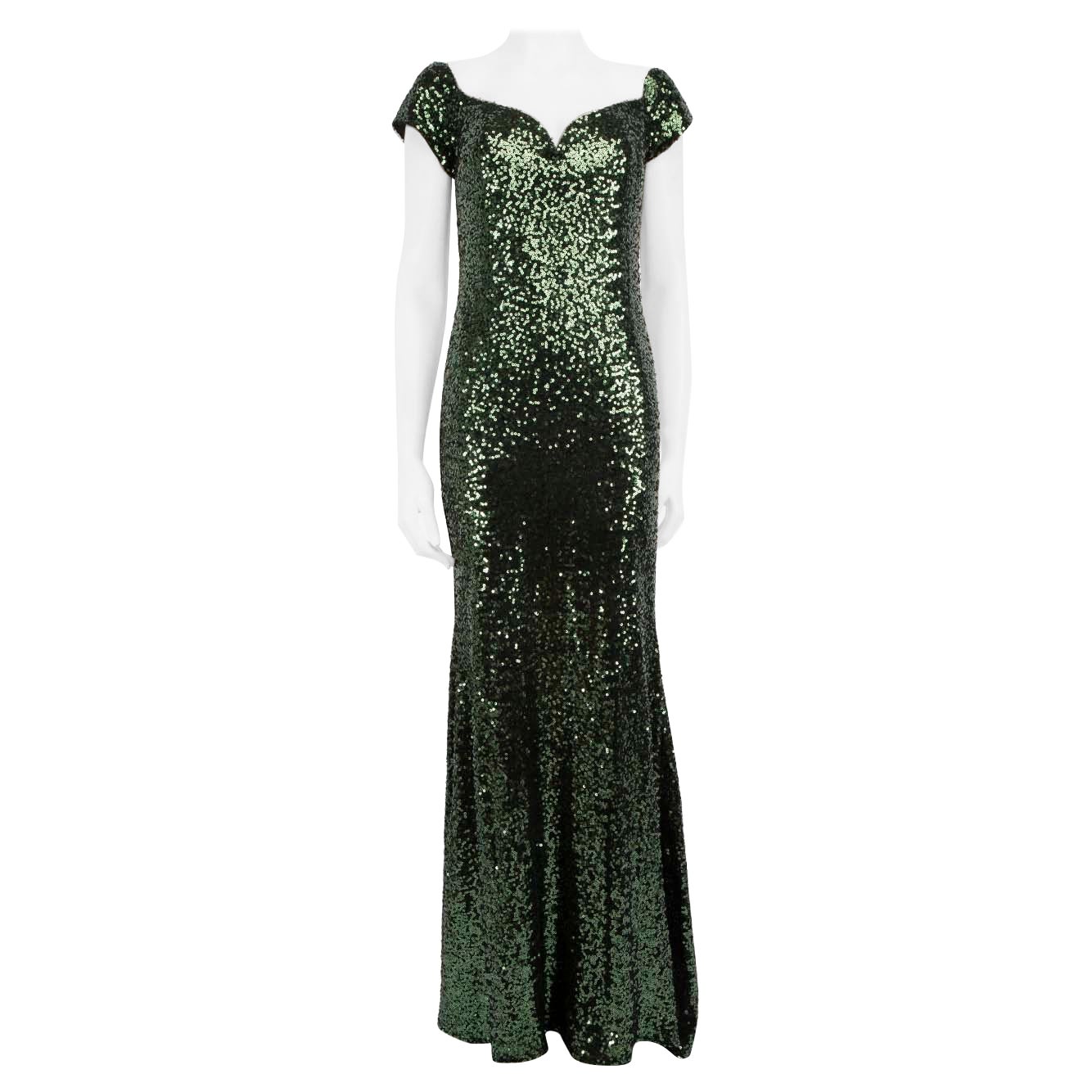 Badgley Mischka Grünes schulterfreies Paillettenkleid Größe M im Angebot