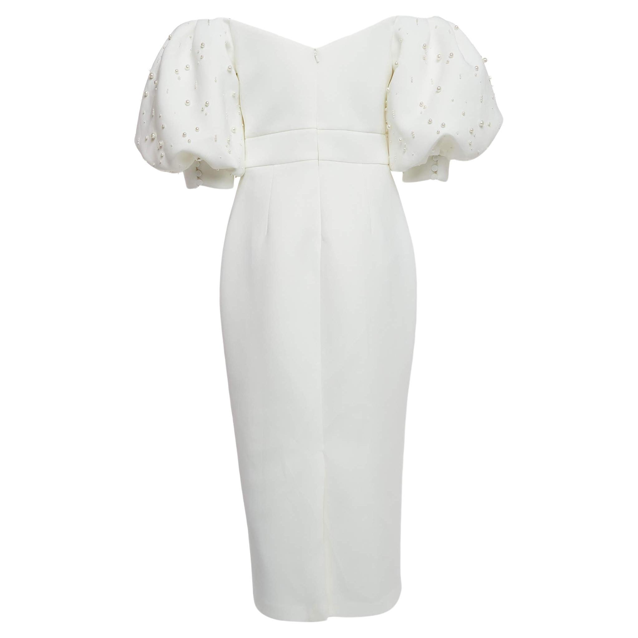Badgley Mischka Ivory Jersey Off-Shoulder Embellished Midi Dress L For Sale