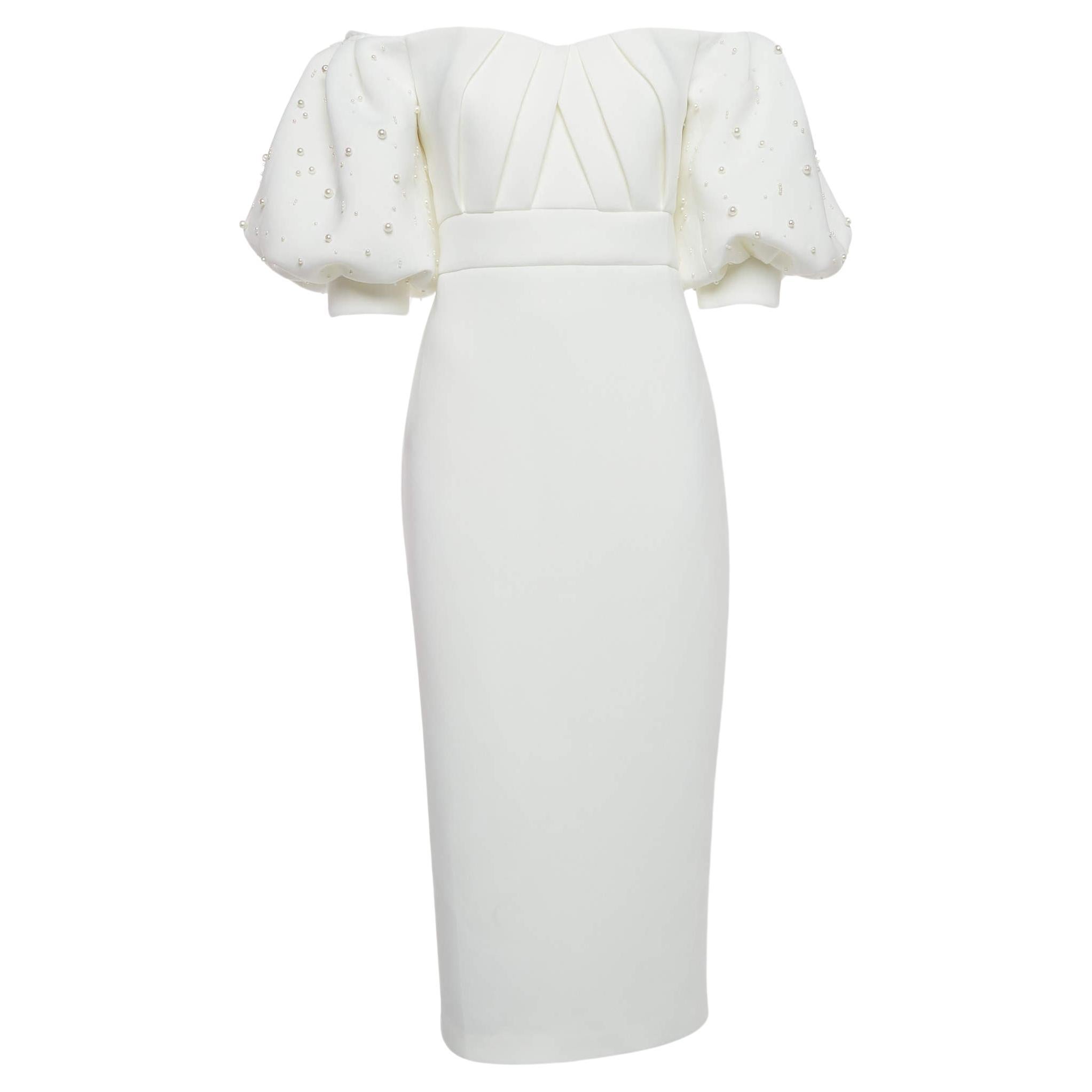 Badgley Mischka Ivory Jersey Off-Shoulder Embellished Midi Dress L