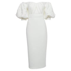 Badgley Mischka Vestido midi marfil con hombros descubiertos y adornos L
