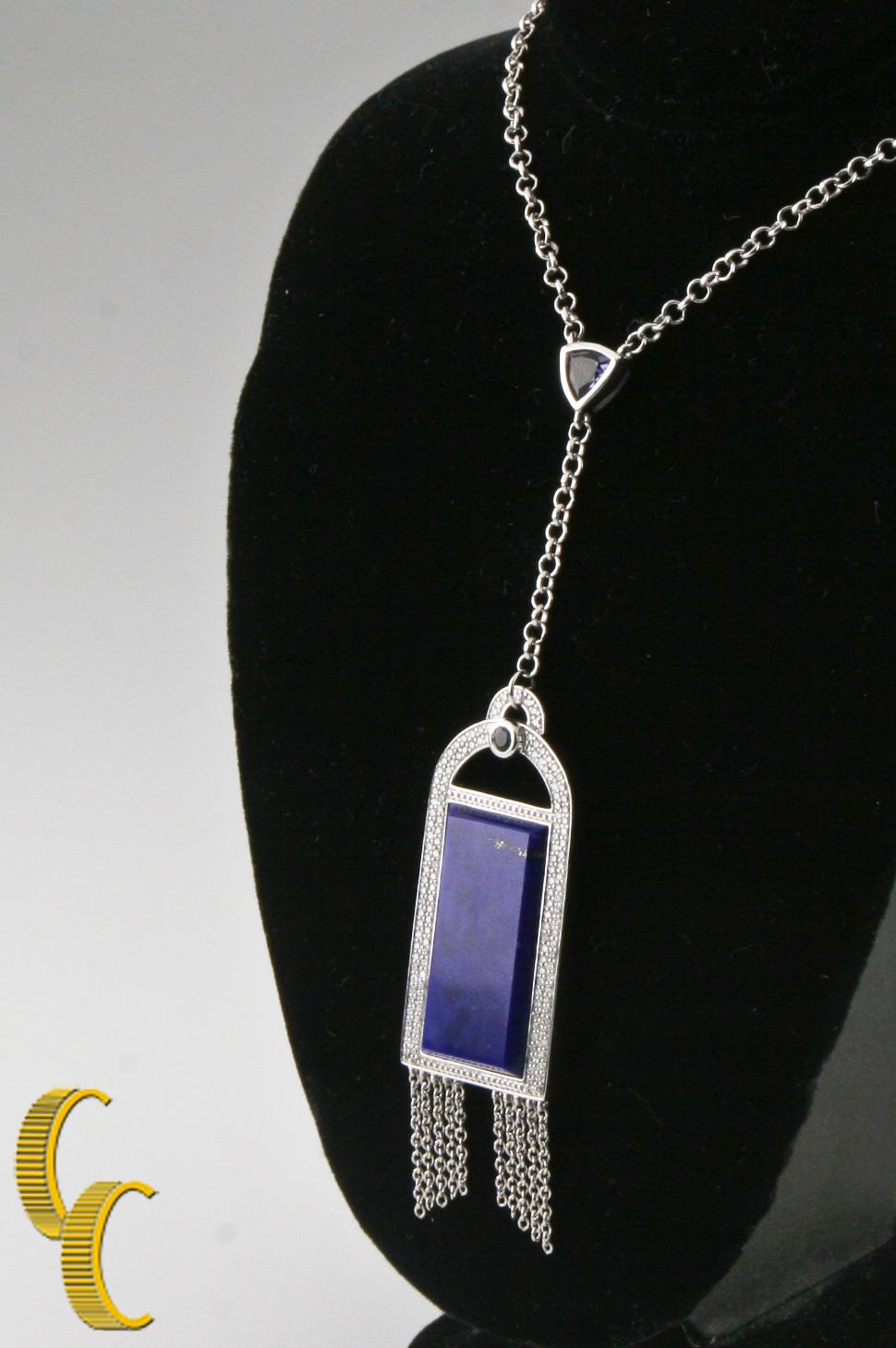 Round Cut Badgley Mischka Lapis Lazuli Diamond Blue Iolite 18 Karat White Gold Necklace For Sale