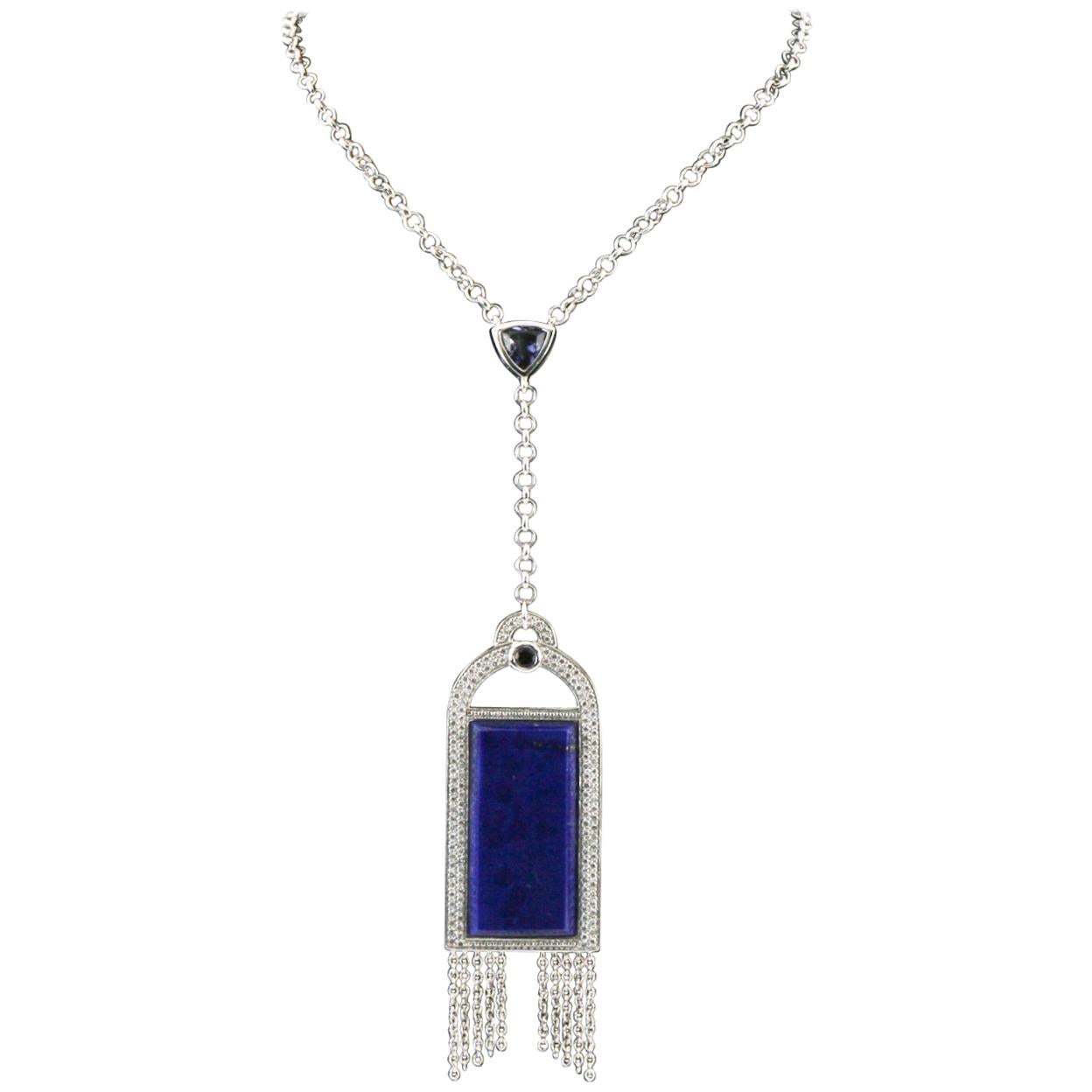 Badgley Mischka Collier en or blanc 18 carats avec lapis-lazuli, diamants et iolite bleue en vente