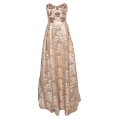 Badgley Mischka Metallic Floral Jacquard Embellished Strapless Gown L