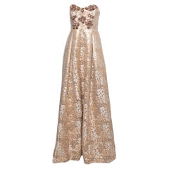 Badgley Mischka Metallic Floral Jacquard Embellished Strapless Gown M