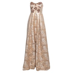 Badgley Mischka Metallic Floral Jacquard Embellished Strapless Gown M