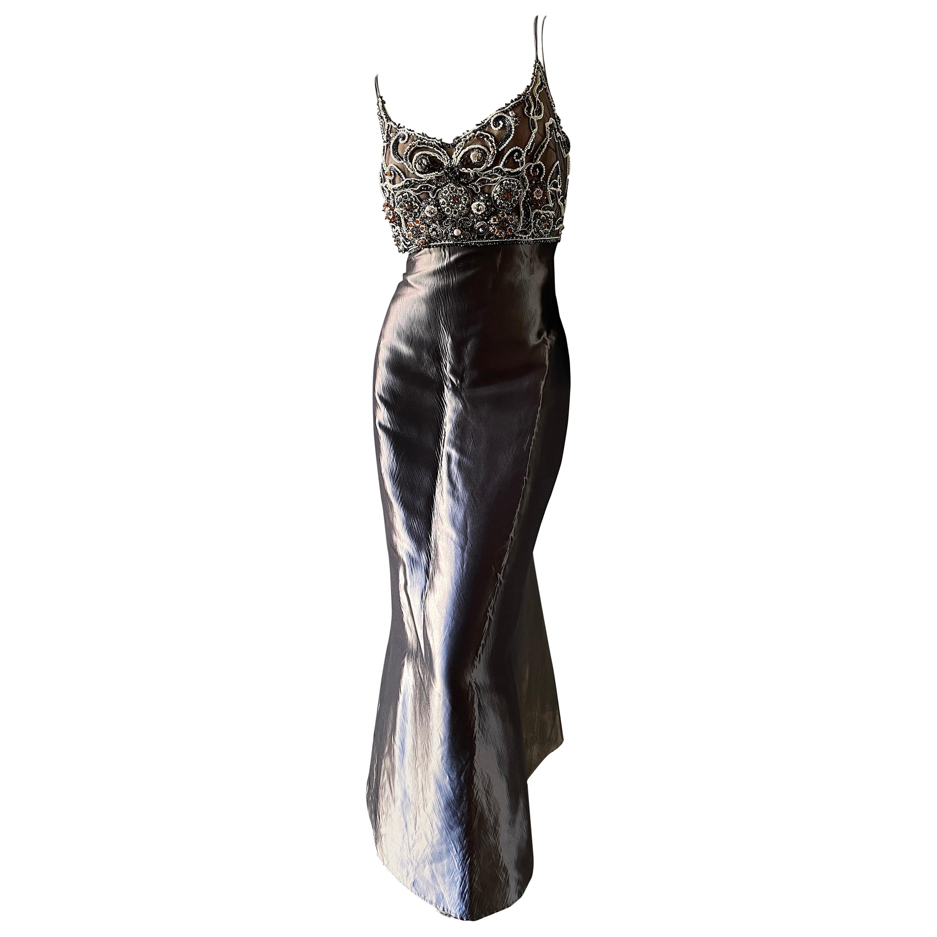 Badgley Mischka Metallic Vintage Evening Dress with Embellished Bust For Sale