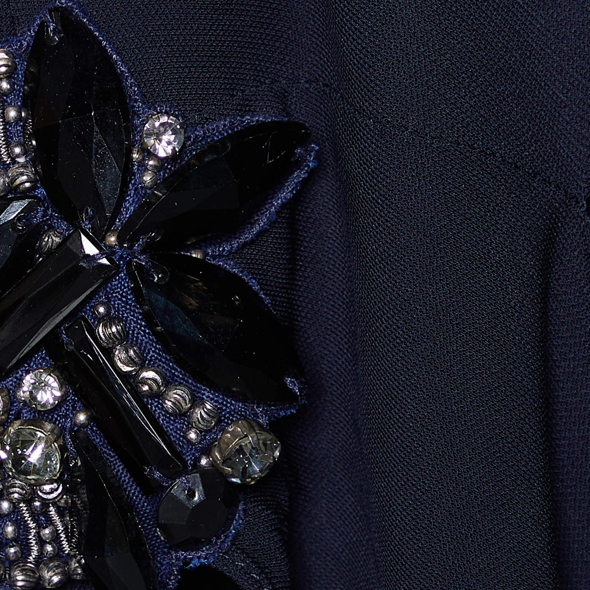 Black Badgley Mischka Navy Blue Embellished Detail Jersey Draped Mini Dress XS For Sale