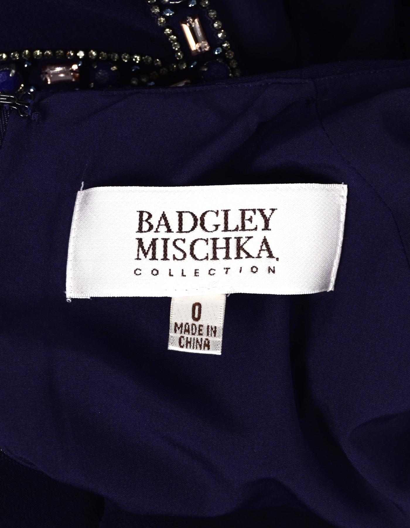 Badgley Mischka Navy Gown W/ Embellished Capsleeves Sz 0 In Excellent Condition In New York, NY