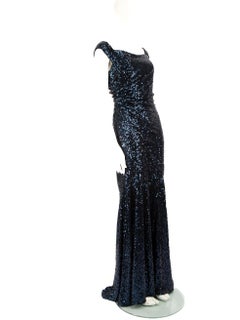 Badgley Mischka Marineblaues schulterfreies Maxikleid mit Pailletten Größe L