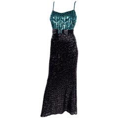 1990s Badgley Mischka Neiman Marcus Green & Black Beaded Sequin Evening Dress
