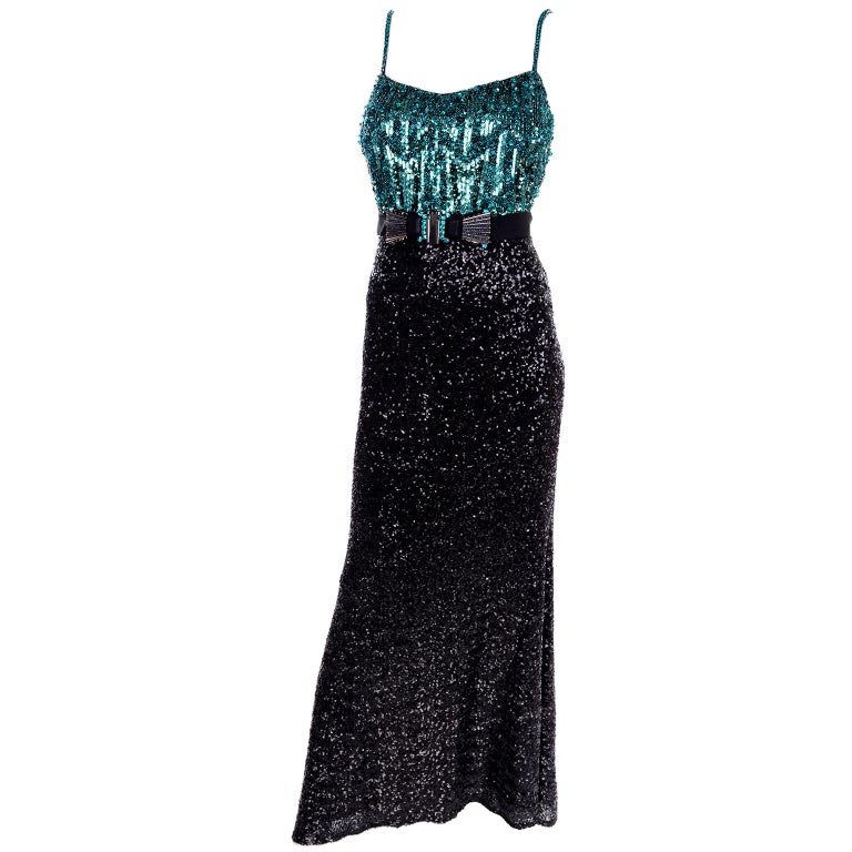 Badgley Mischka Neiman Marcus Green and Black Beaded Sequin Evening Dress For Sale at 1stdibs