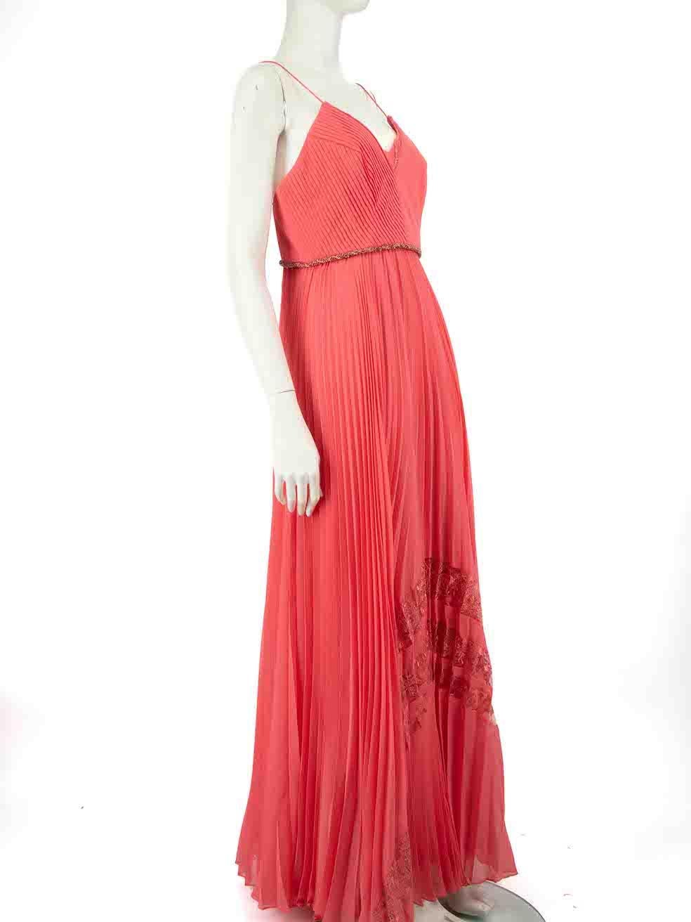 CONDITION is Very good. Hardly any visible wear to the dress is evident on this used Badgley Mischka designer resale item.
 
 
 
 Details
 
 
 Pink
 
 Polyester
 
 Maxi dress
 
 Pleated accent
 
 V neckline
 
 Sleeveless
 
 Beads embellishment on