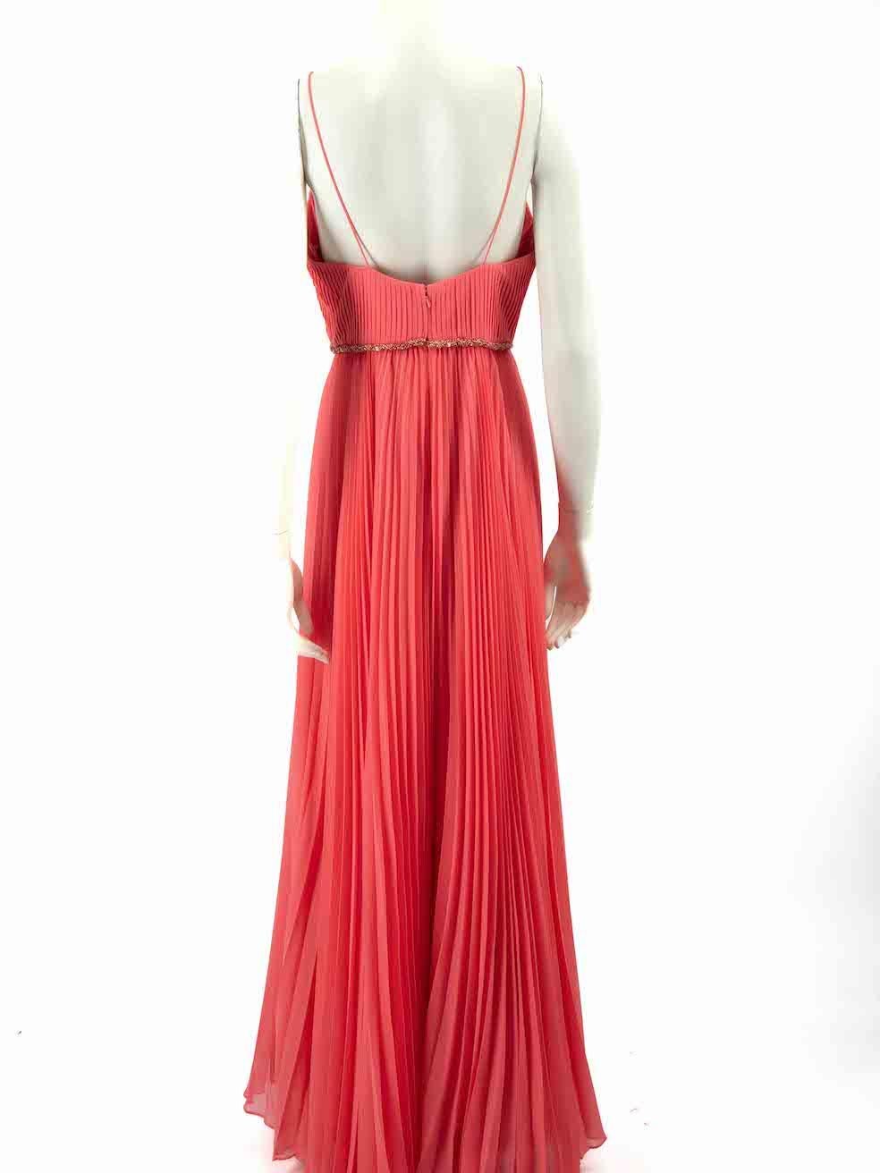 Badgley Mischka Pink Pleated Lace Trim Maxi Dress Size L In Excellent Condition In London, GB