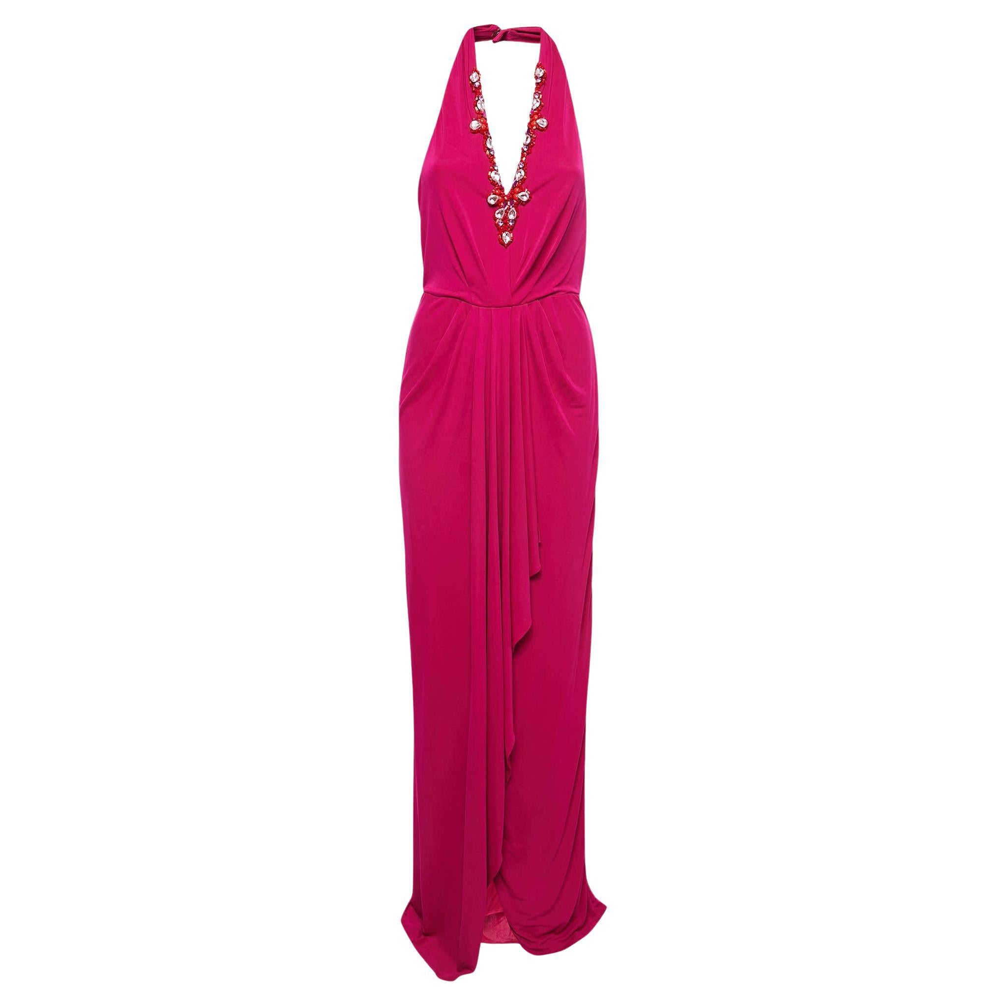Badgley Mischka Pink Stretch Jersey Embellished Halter Gown M For Sale