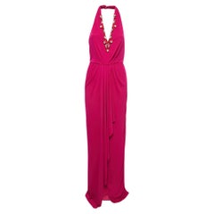 Used Badgley Mischka Pink Stretch Jersey Embellished Halter Gown M