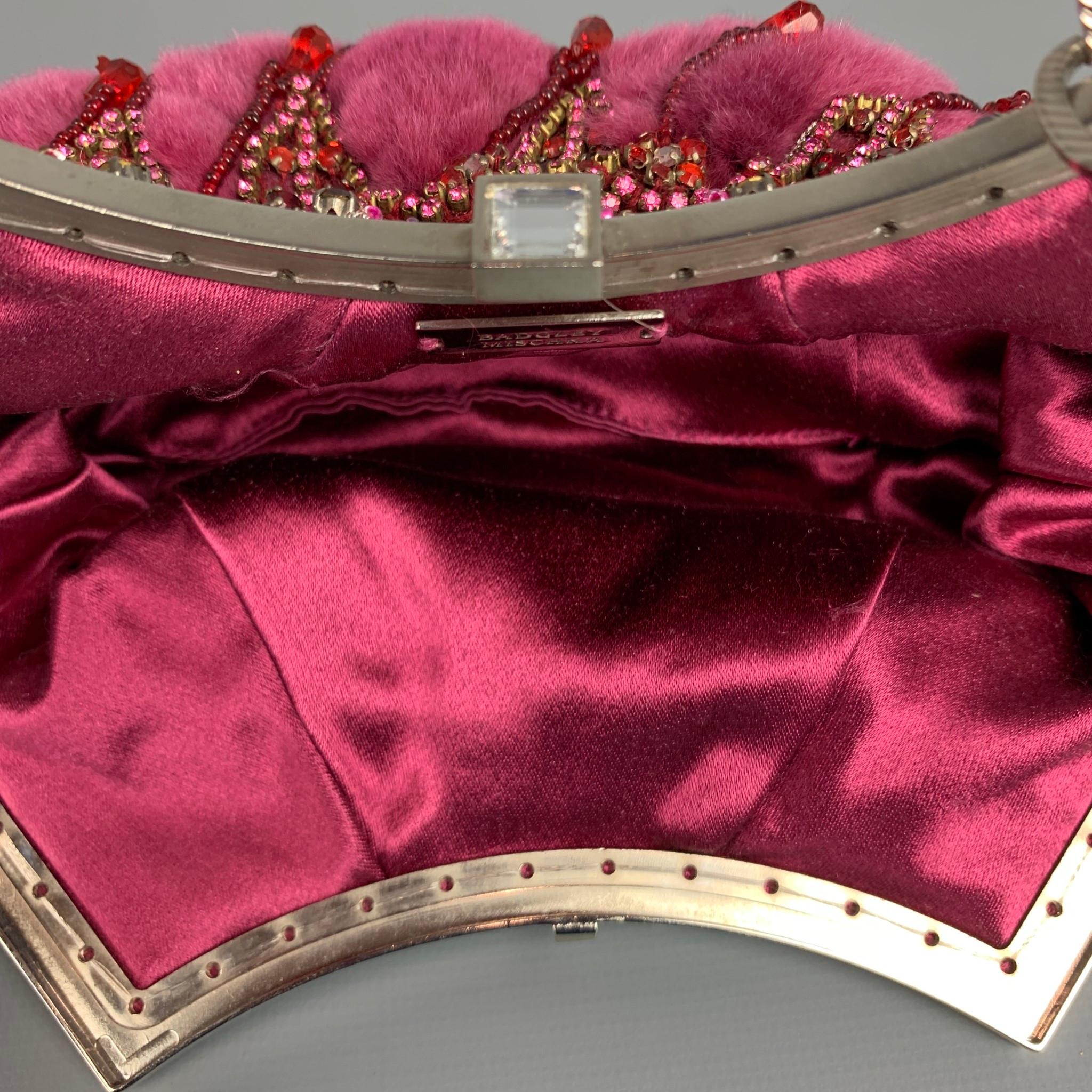 Red BADGLEY MISCHKA Purple & Silver Beaded Rhinestones Fur Handbag
