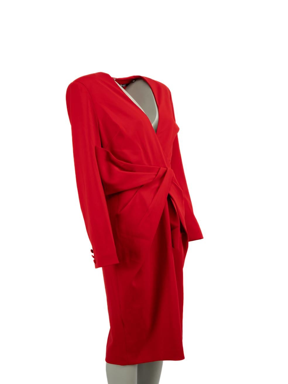 CONDITION is Never worn, with tags. No visible wear to dress is evident on this new Badgley Mischka designer resale item.
 
 
 
 Details
 
 
 Red
 
 Polyester
 
 Dress
 
 Long sleeves
 
 Plunge neck
 
 Knee length
 
 Shoulder pads
 
 Back zip and