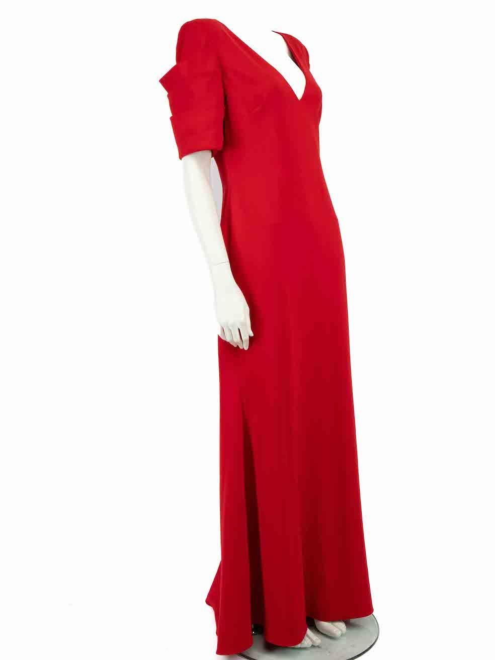 CONDITION is Very good. Minimal wear to dress is evident. Minimal wear to the front and hem with discoloured marks to the front and back on this used Badgley Mischka designer resale item.
 
 
 
 Details
 
 
 Red
 
 Polyester
 
 Gown
 
 V-neck
 
