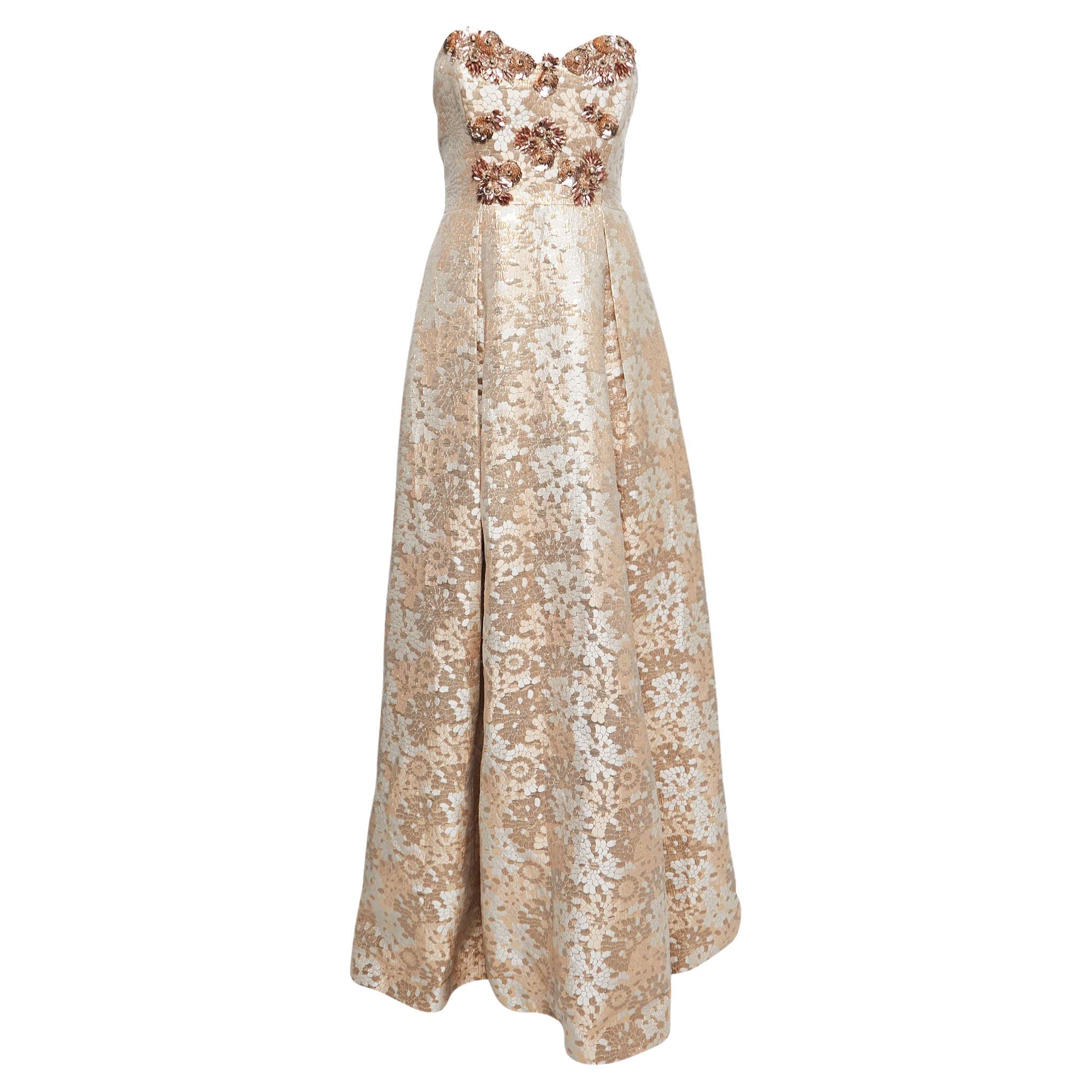 Badgley Mischka Rose Gold Embellished Metallic Polyester Strapless Gown For Sale