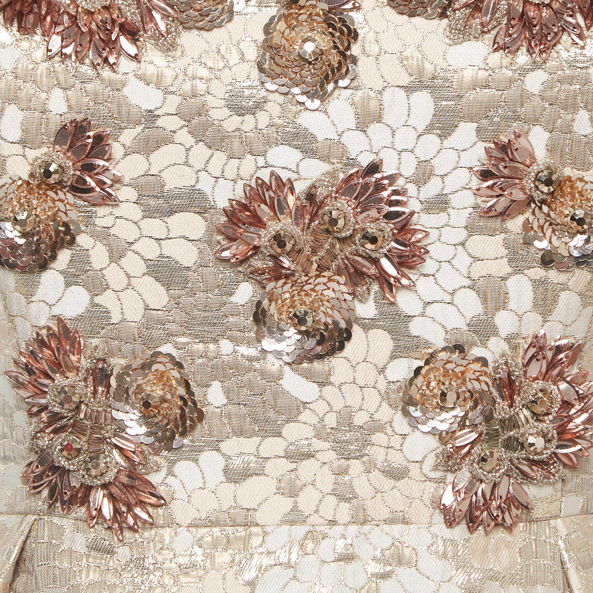 Women's Badgley Mischka Rose Gold Floral Motif Brocade Sequin Detail Strapless Gown L For Sale