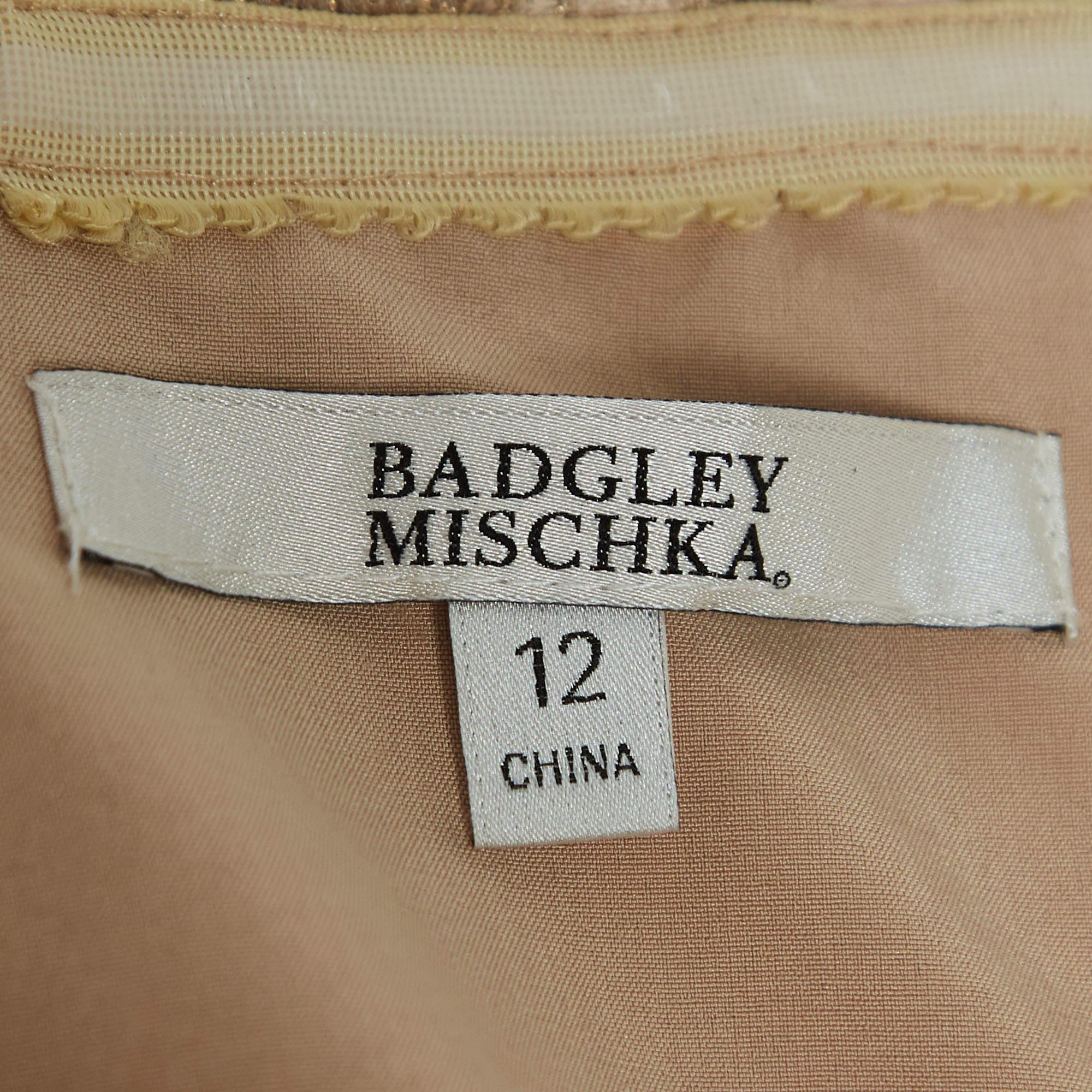 Badgley Mischka Rose Gold Floral Motif Brocade Sequin Detail Strapless Gown L For Sale 1