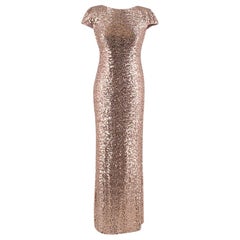 Badgley Mischka Rose Gold Sequin Cowl Back Gown US4