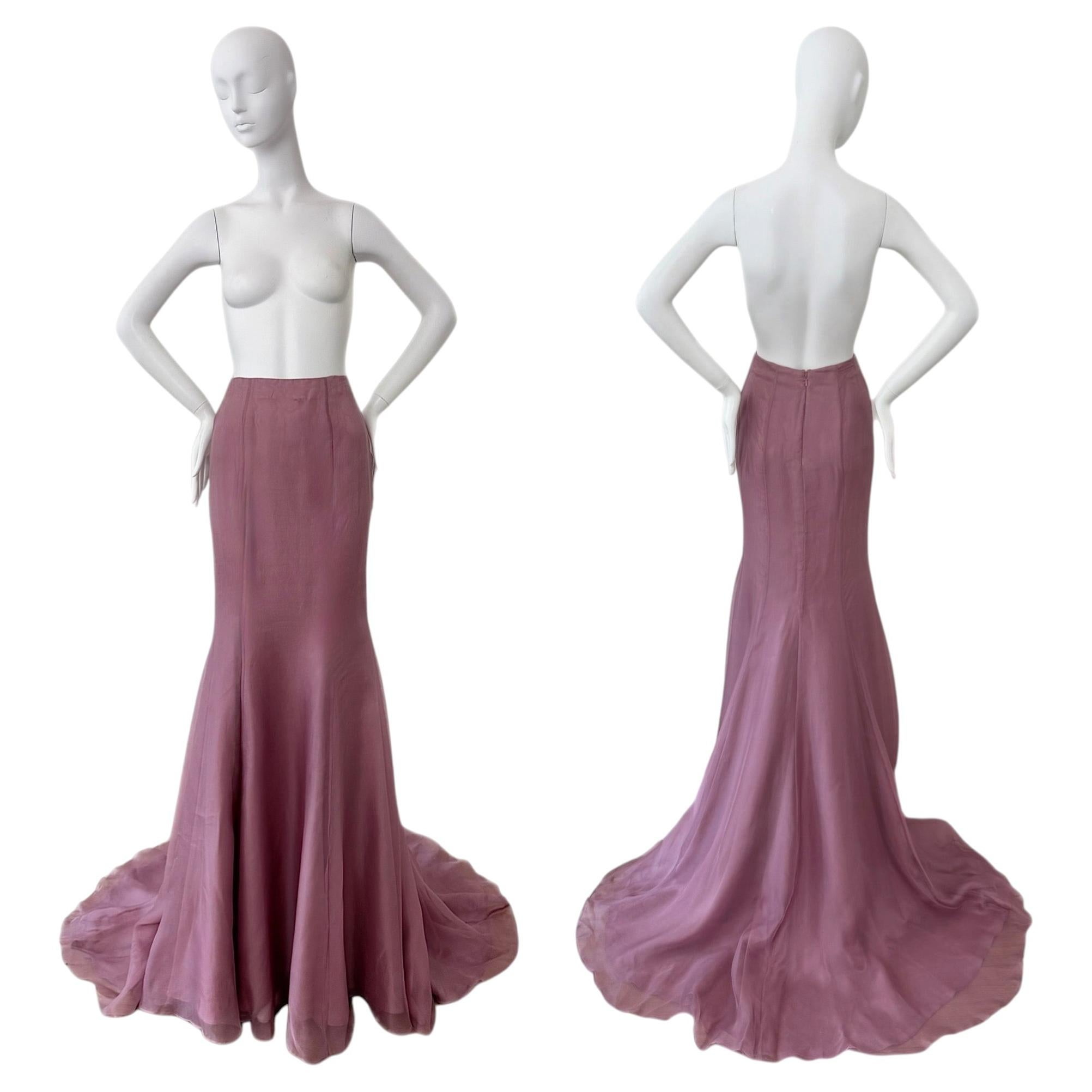 BADGLEY MISCHKA Silk Mauve Ethereal Maxi Train Skirt Sample Piece