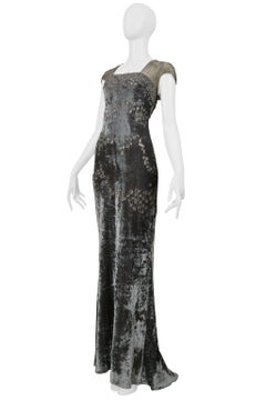 Badgley Mischka Silver Evening Gown With Mesh Yoke, Beading, And Square Cutouts