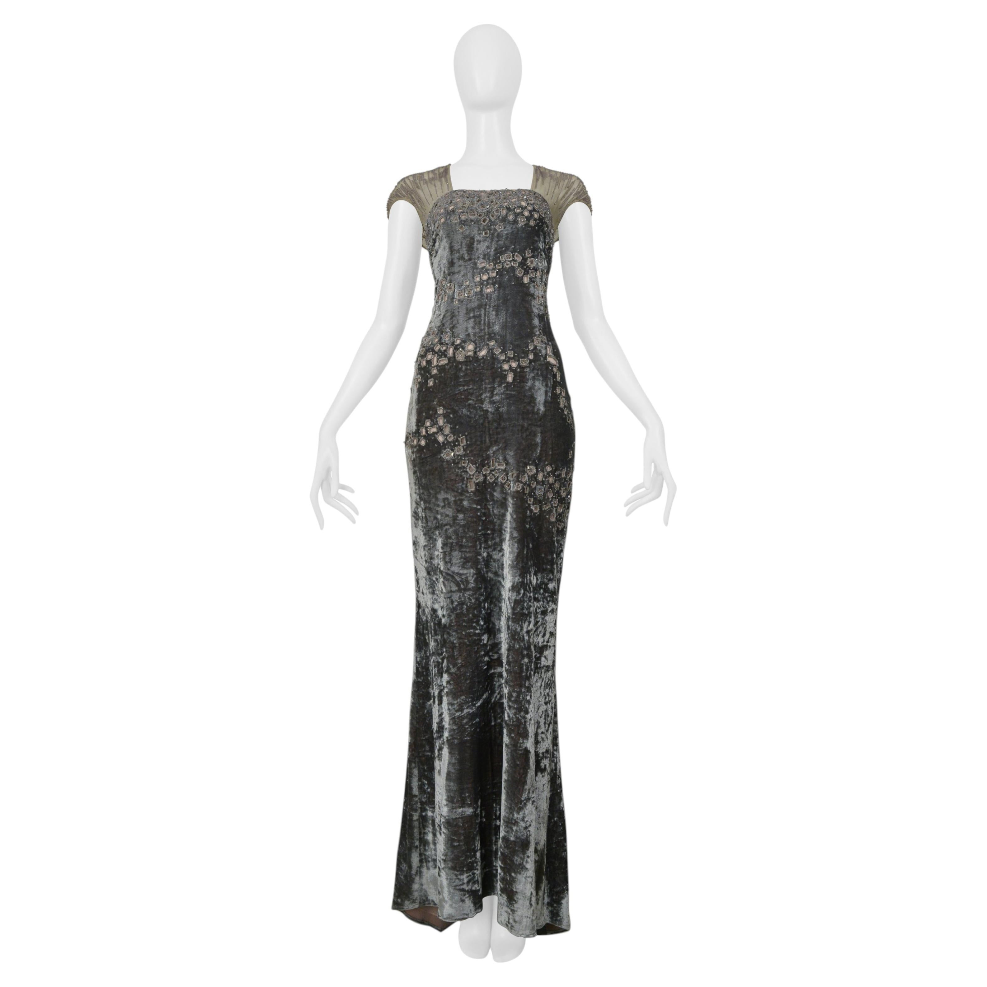 Badgley Mischka Silver Evening Gown With Mesh Yoke, Beading, And Square Cutouts