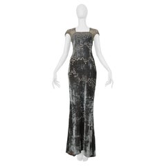 Badgley Mischka Silver Evening Gown With Mesh Yoke, Beading, And Square Cutouts