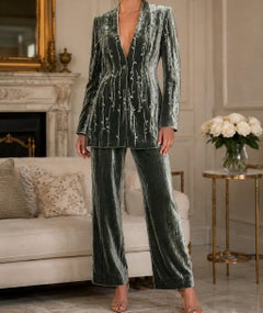 Badgley Mischka Silver Sage Velvet Beaded Evening Pantsuit, Ex. Iris Apfel