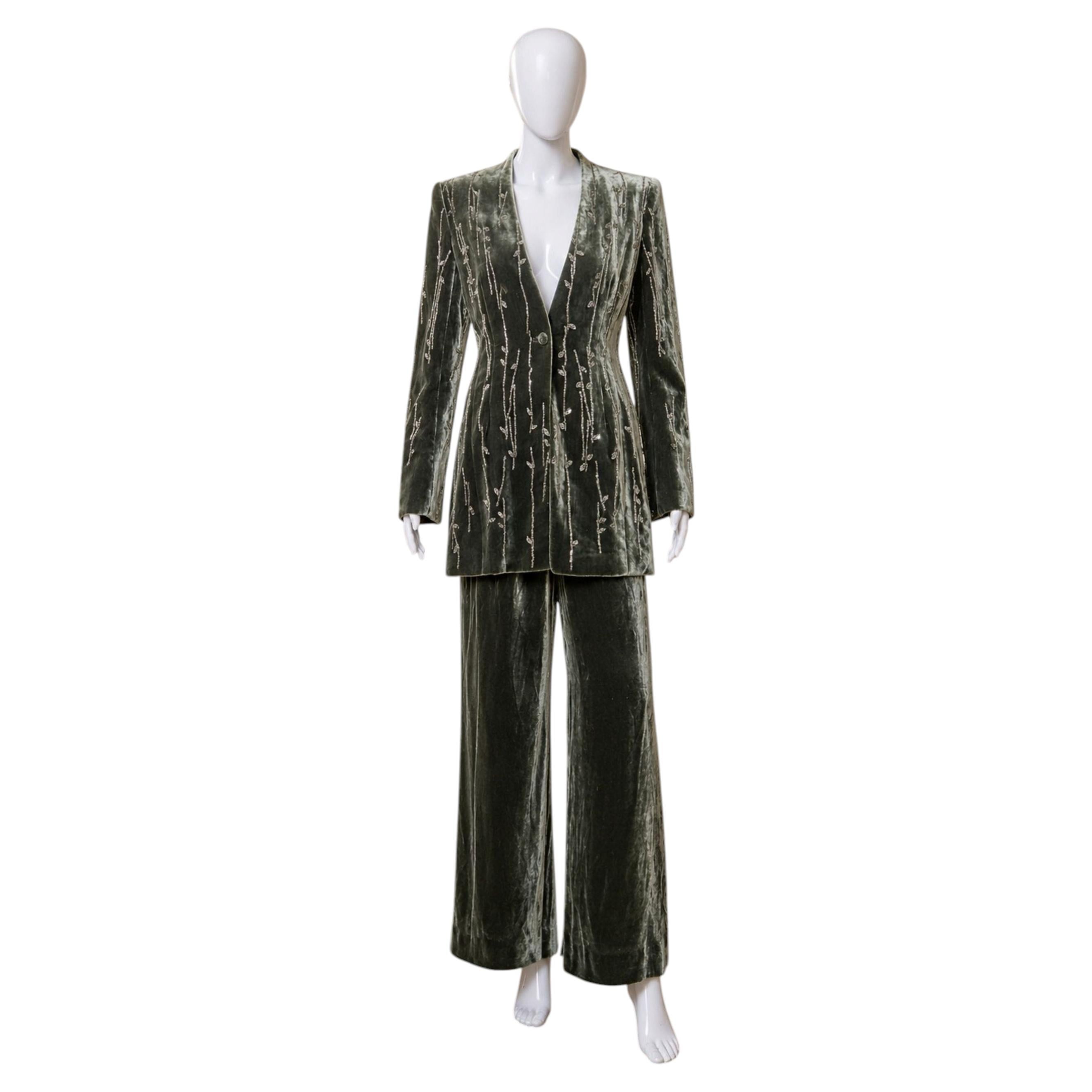 Badgley Mischka Silver Sage Velvet Beaded Evening Pantsuit, Ex. Iris Apfel For Sale