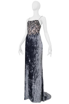 Badgley Mischka Silver Velvet Evening Gown With Skin Straps And Beading 1997