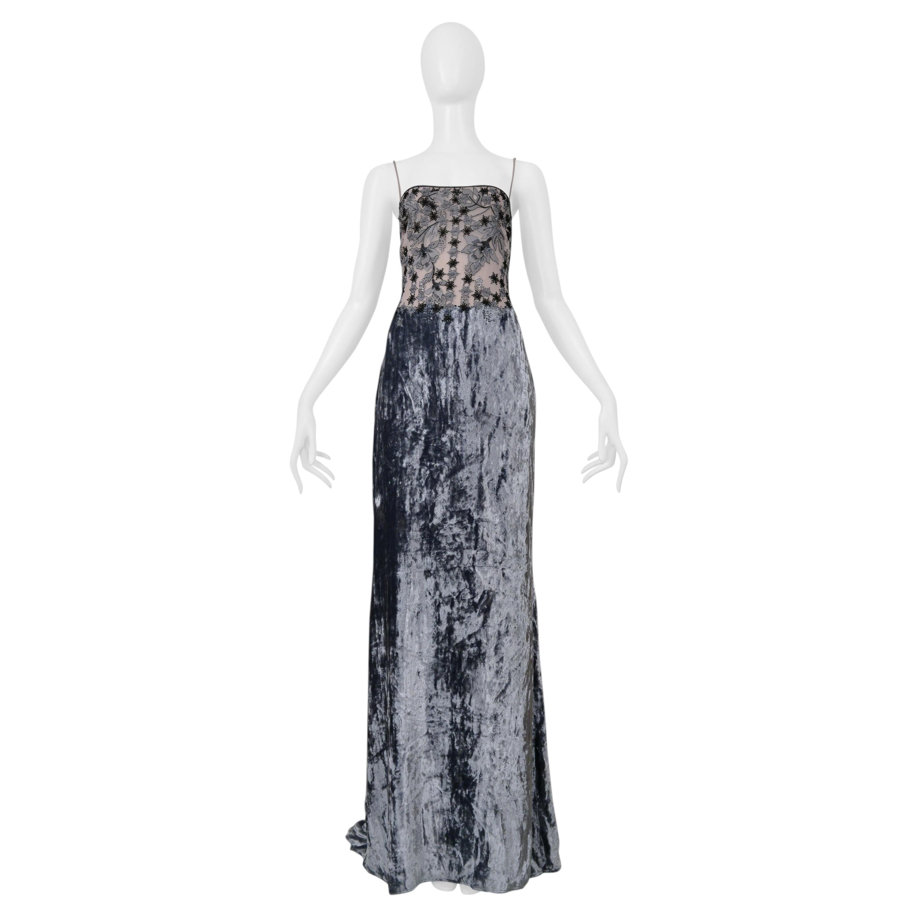 Badgley Mischka Robe de soirée en velours argenté avec bretelles en peau et perles 1997