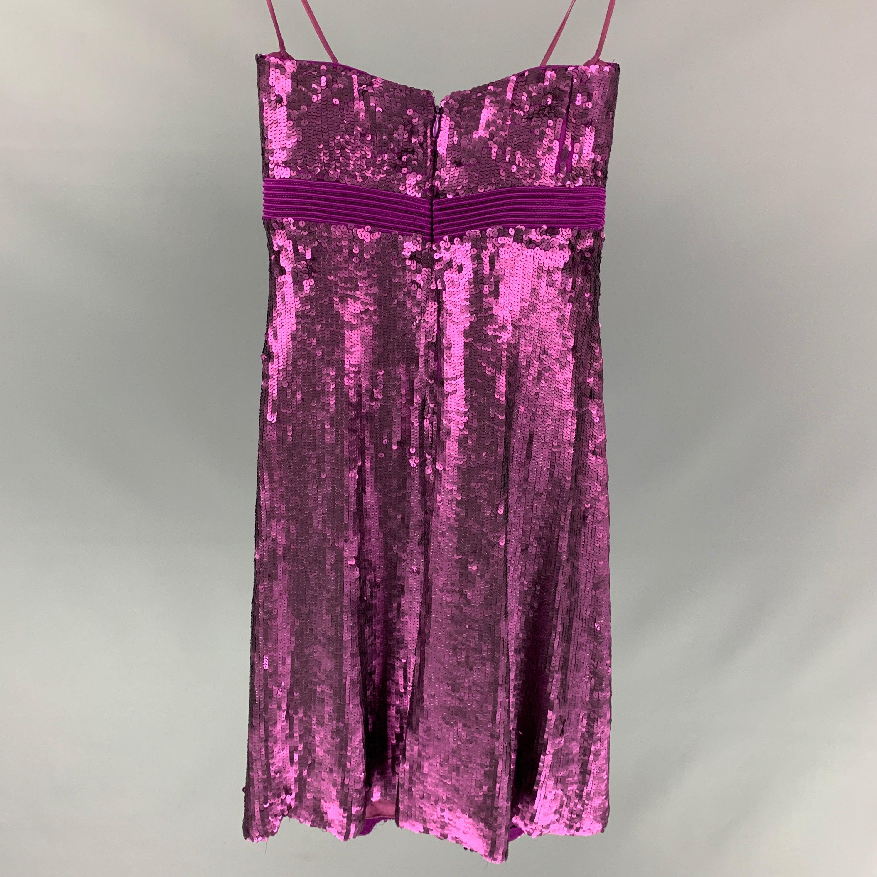 BADGLEY MISCHKA dress in a purple sequined silk with a slip liner featuring a strapless style, a-line, ribbed trim, and a back zip up closure.
Excellent Pre-Owned Condition. 

Marked:   0 

Measurements: 
  Bust: 28 inches  Hip: 30 inches  Length: