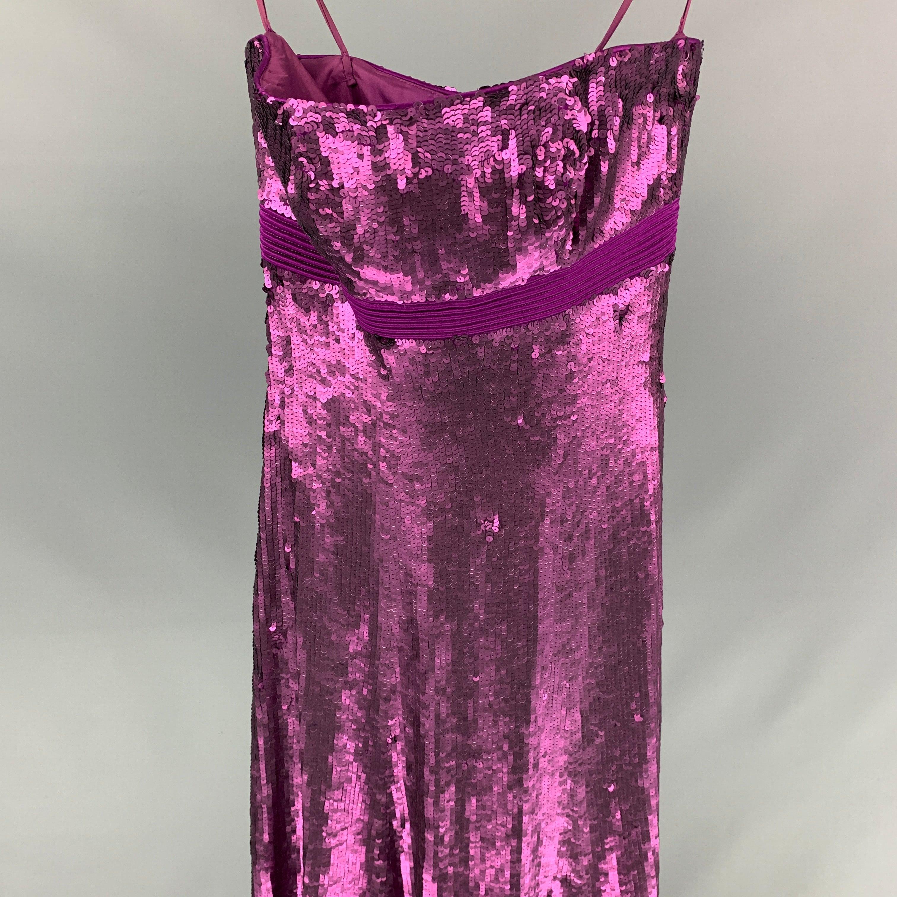 BADGLEY MISCHKA dress comes in a purple sequined silk with a slip liner featuring a strapless style, a-line, ribbed trim, and a back zip up closure.
Very Good
Pre-Owned Condition. Fabric tag removed.  

Marked:   0 

Measurements: 
  Bust: 28 inches