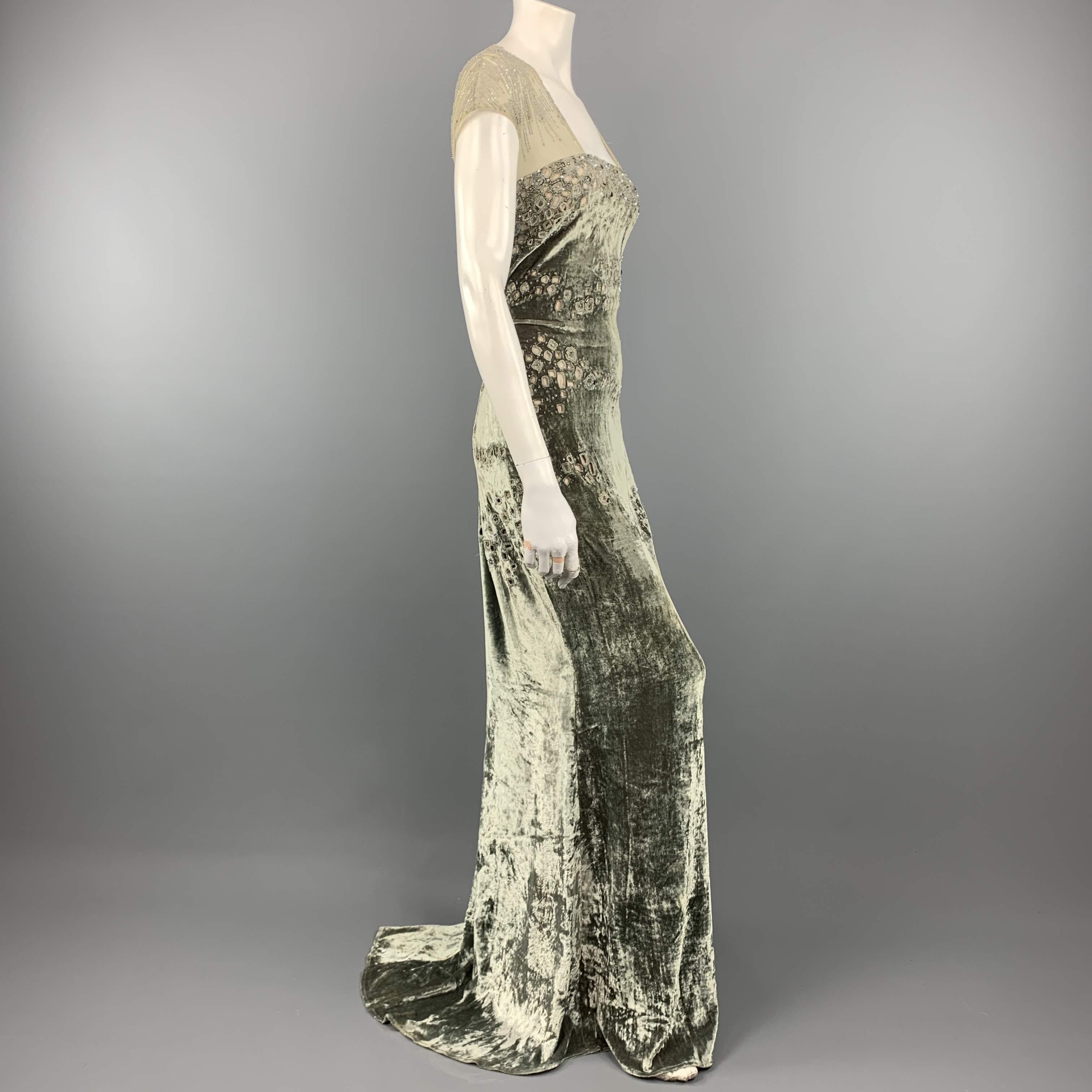 BADGLEY MISCHKA Size 10 Moss Green Beaded Tulle Top Evening Gown 2