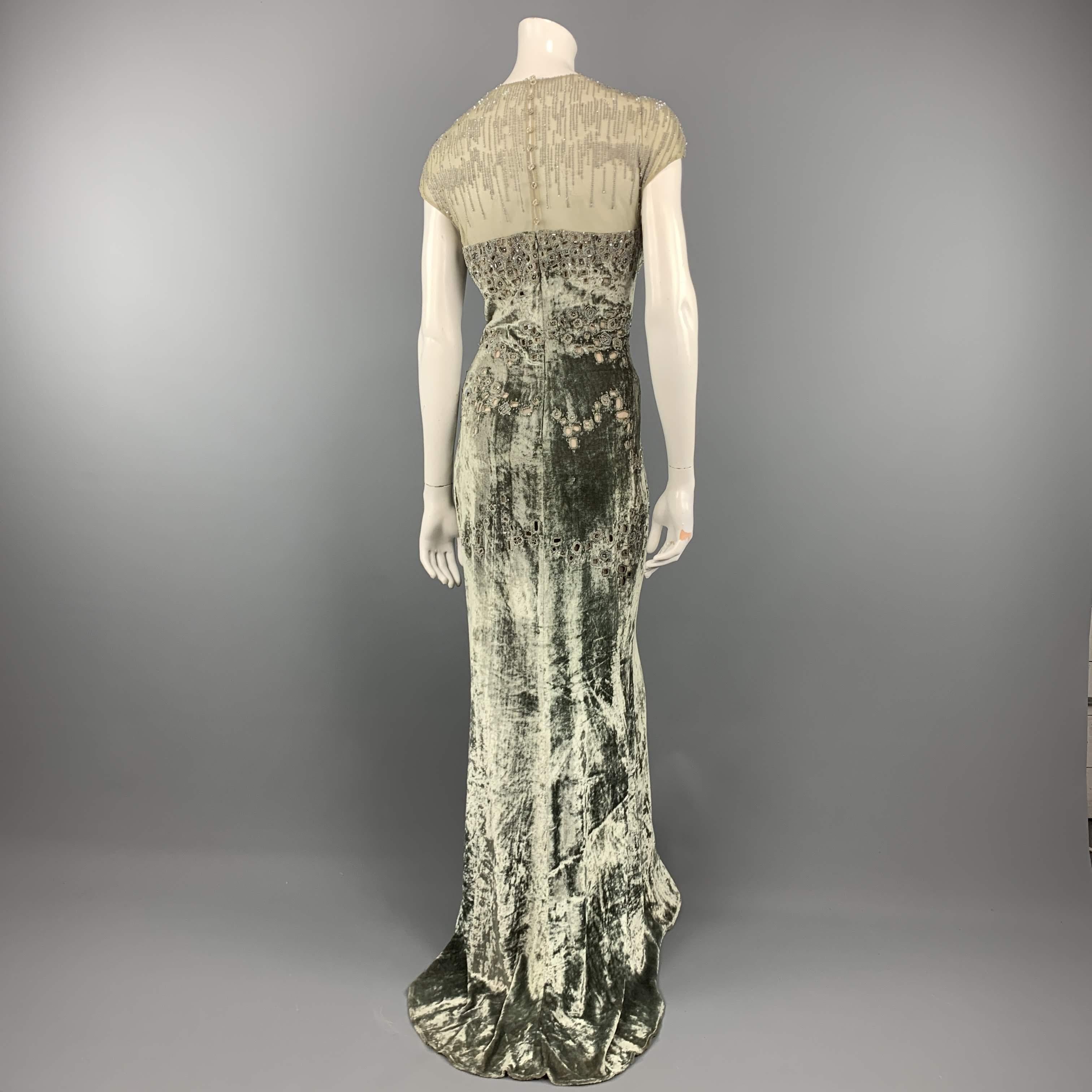 BADGLEY MISCHKA Size 10 Moss Green Beaded Tulle Top Evening Gown 3