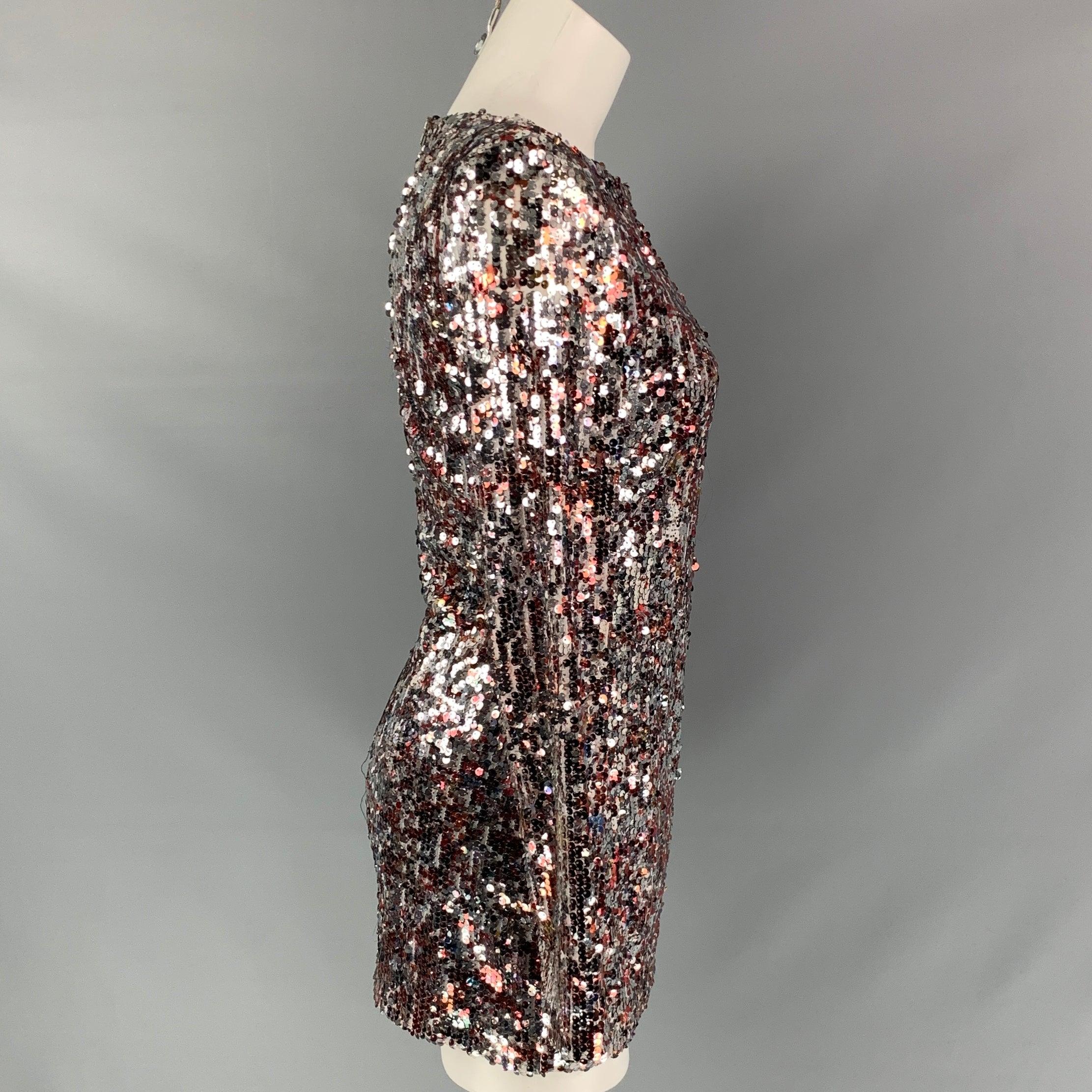 Black BADGLEY MISCHKA Size M Silver Burgundy Sequined Long Sleeve Mini Dress For Sale