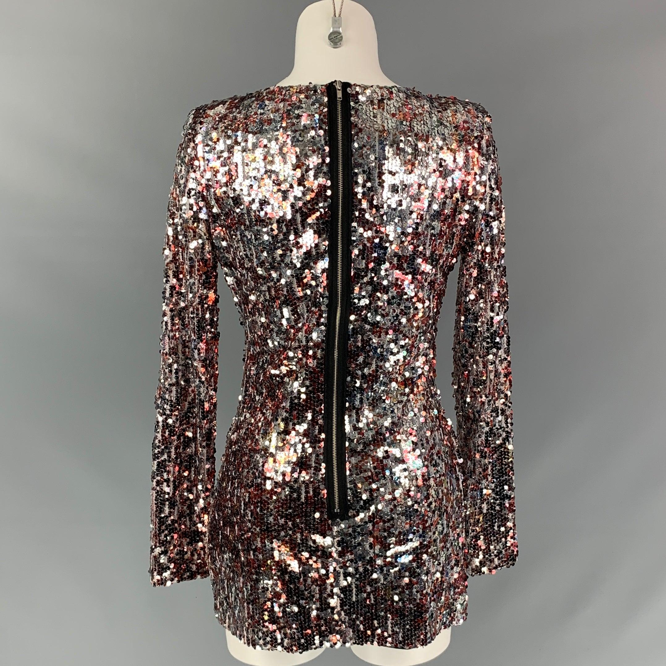 BADGLEY MISCHKA Size M Silver Burgundy Sequined Long Sleeve Mini Dress In Good Condition For Sale In San Francisco, CA