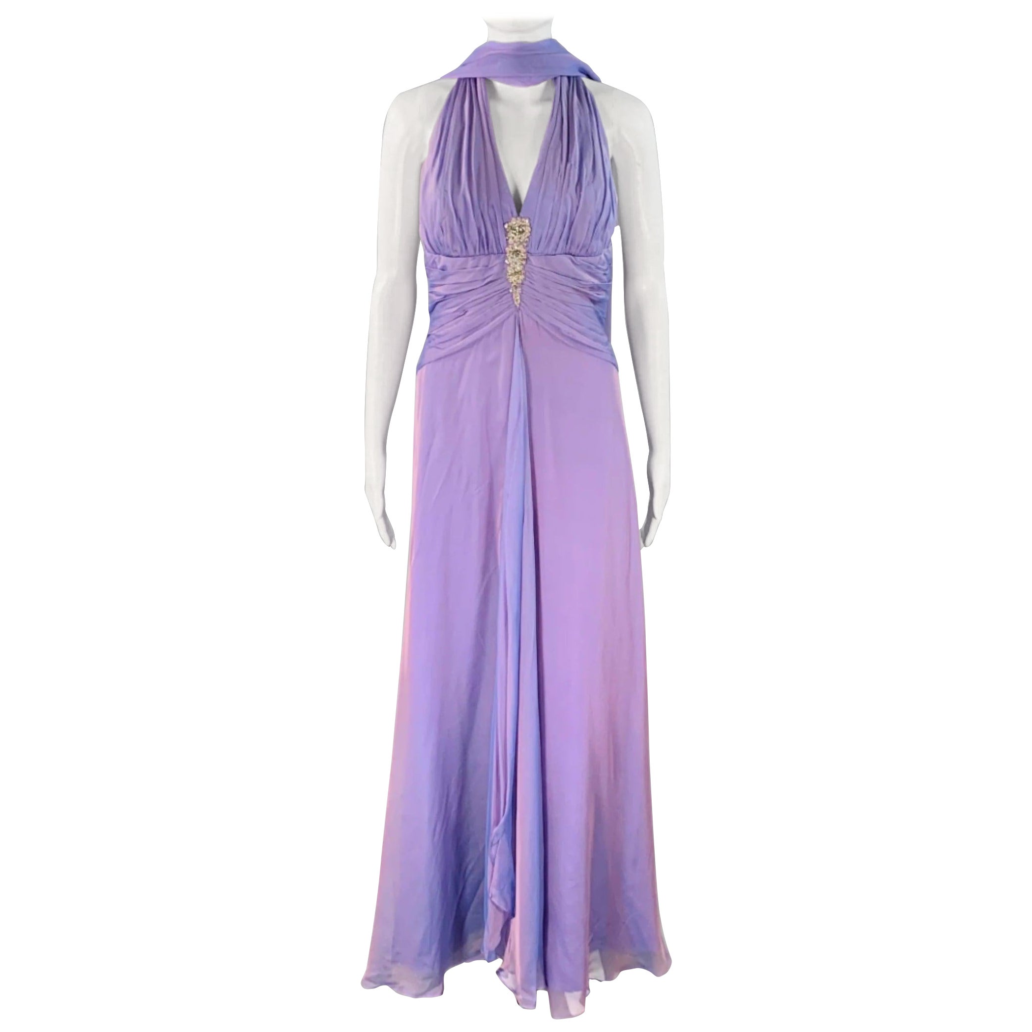 BADGLEY MISCHKA Talla S Vestido de noche halter de seda lila púrpura iridiscente