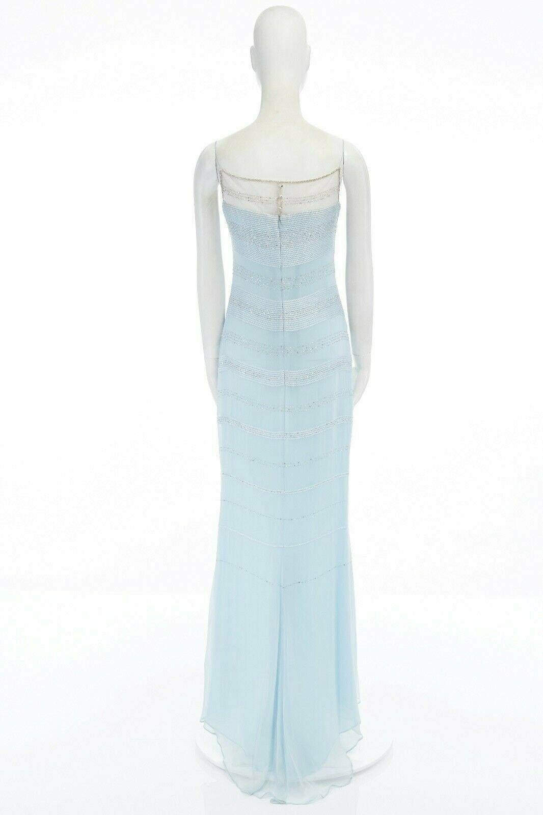Gray BADGLEY MISCHKA sky blue silk  bead embellished embroidered gown dress UK10