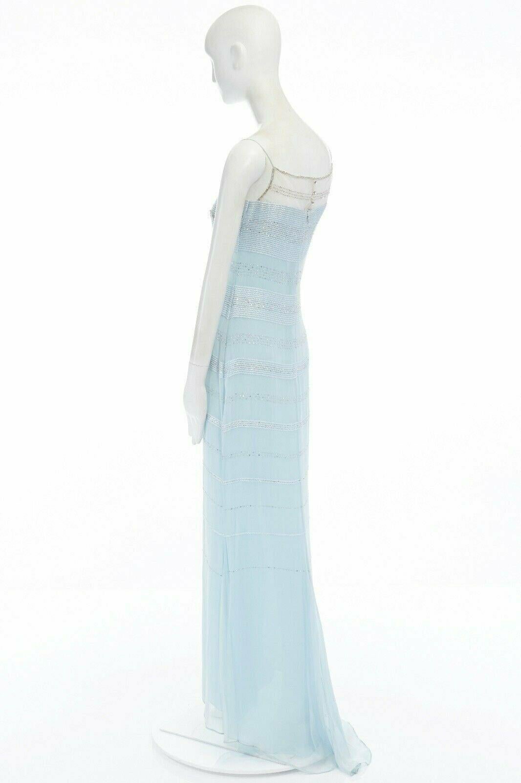 BADGLEY MISCHKA sky blue silk  bead embellished embroidered gown dress UK10 In Good Condition In Hong Kong, NT