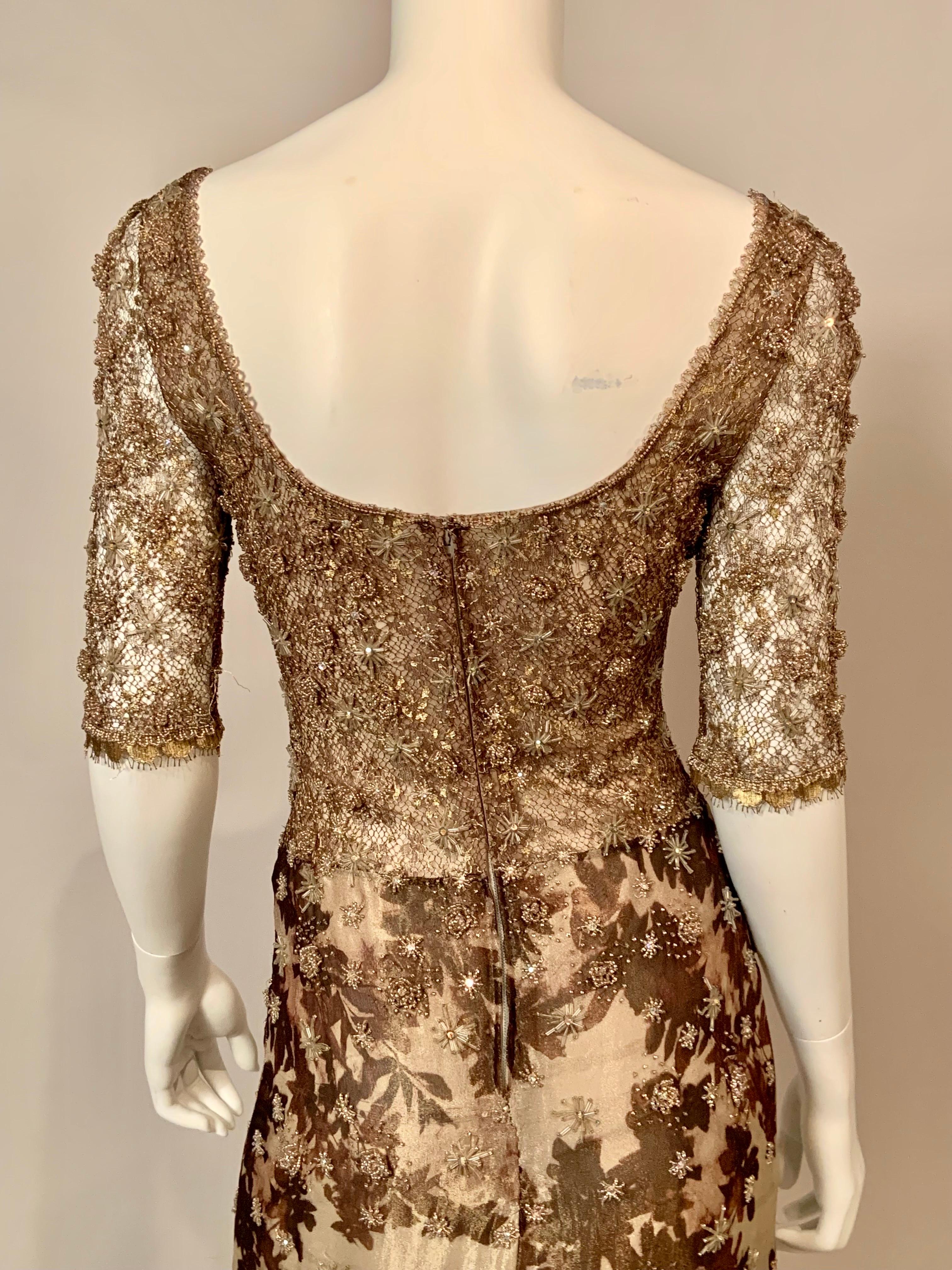 Badgley Mischka Starburst Beaded Gown Gold Lace Top Shimmery Fern Pattern Skirt 6
